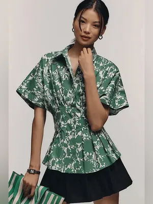Anthropologie Exquise The Tobie Short-Sleeve Pleated Blouse in Green Size XXS thumbnail 2