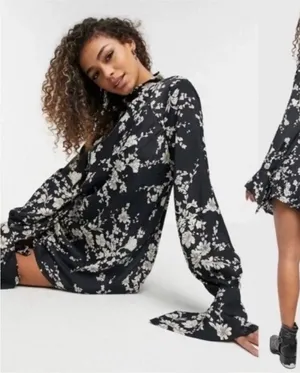 Free People Black Floral Open-Back Long-Sleeve Mini Dress thumbnail 1