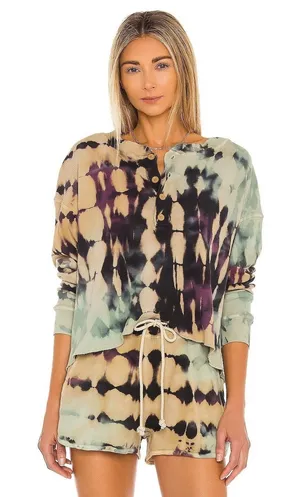 Daydreamer Revolve Tie Dye Waffle‎ Henley Top Size L Long Sleeve Cotton Thermal thumbnail 1