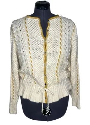 Hand Knit Cream Cable Knit Textured Cinched Waist Button Front Cardigan thumbnail 1