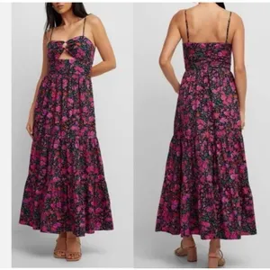 NWOT Fore Floral Tiered Boho Maxi Dress Cut Out Large Cotton Cotagecore thumbnail 2