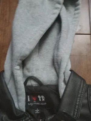 Black Faux Leather & Gray Hooded Jacket thumbnail 3