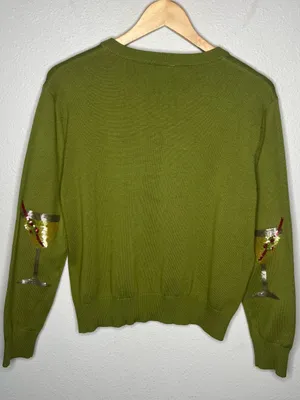 Queen of Sparkles Olive Martini Queen V Neck Sequin Elbow Patches Sweater thumbnail 3