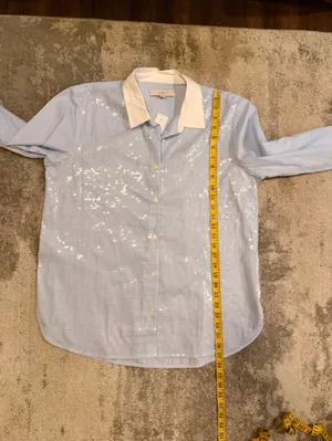 NWT LOFT Light Blue Sequin Button-Up Blouse with White Accents thumbnail 6