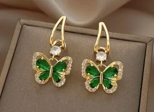 18K Gold Plated Green Crystal Butterfly Dangle Drop Earrings for Women thumbnail 3
