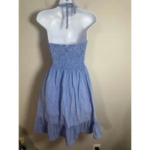 Glocam Blue Cotton Halter Dress Embroidered Crochet Waist Smocked Back Small thumbnail 4