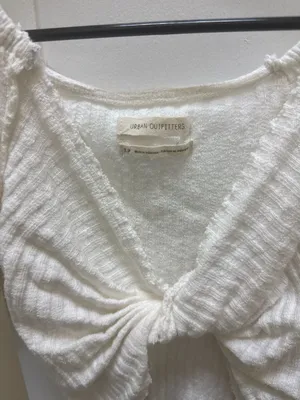 Urban Outfitters White Ribbed Knit Twist-Front Puff Sleeve Lena Crop Top thumbnail 2