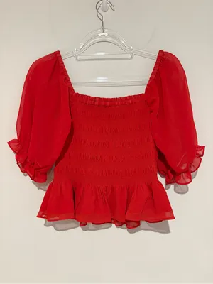 WAYF puff sleeve smocked crop‎ top red size medium thumbnail 2