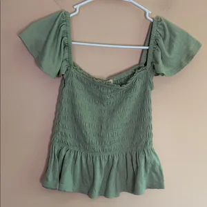 Rewind Olive Green Smocked Peplum Crop Top thumbnail 1