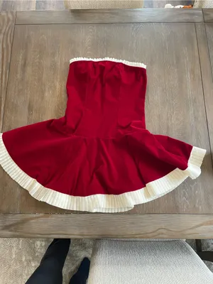 SHEIN Red Velvet Strapless Fit & Flare Dress with White Pleated Trim thumbnail 3