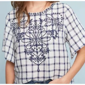 Anthropolgie Moon River April Embroidered Gingham Cropped Plaid Top Size L thumbnail 1