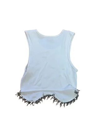 White Ribbed Rhinestone fringe Tank Top Medium Vital Life thumbnail 6