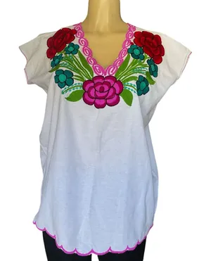 Mexican White Embroidered Blouse Floral Artisanal Folk Art Chiapas Boho Festival thumbnail 1