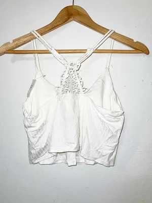 Aerie women’s White Lace-Back floral Cropped built in bra double strap Cami thumbnail 7