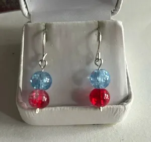 3/$20 Blue and Red Dual Crystal Beaded Silver Plated Dangling Drop Earrings thumbnail 1