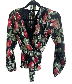 Petal and Pup Minelli Pleated‎ Long Sleeve Wrap Top Black Rose Size S thumbnail 1