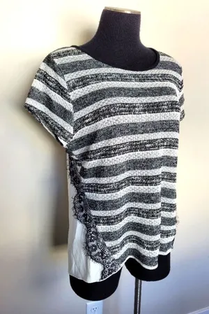 IZ Byer Black White Stripe Mixed Media Blouse Top Lace Knit Semi Sheer Size XL thumbnail 1