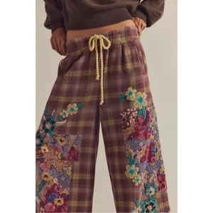 Free People Bohemian Brooks Embroidered Plaid Wide Leg Patchwork Pants Size XL thumbnail 6