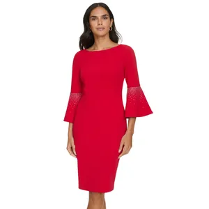 Calvin Klein Womens Embellished Bell Sleeve Back Zip Dress CD4CC3D8 Red 6 thumbnail 9
