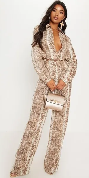 PrettyLittleThing Pants Women‎ 10 Brown Ivory Snake Print Wide Leg High Rise thumbnail 1
