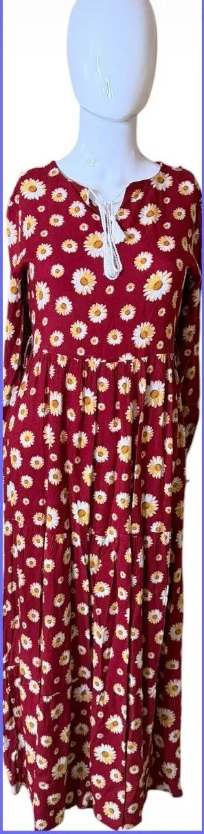 Women’s Red Daisy Print Long Sleeve Maxi Dress thumbnail 1