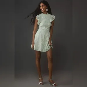 Anthropologie Maeve Green Lace‎ Mini Dress Women’s Large Mock Neck Sleeveless thumbnail 2
