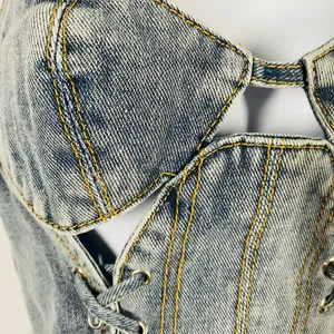 PrettyLittleThing Petite denim lace-up corset top thumbnail 4