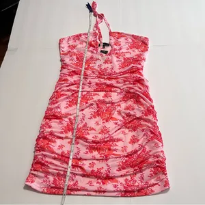 NWT Lulus Hot Off The Mesh Pink Floral Ruched Bodycon Halter Mini Dress LARGE‎ thumbnail 8