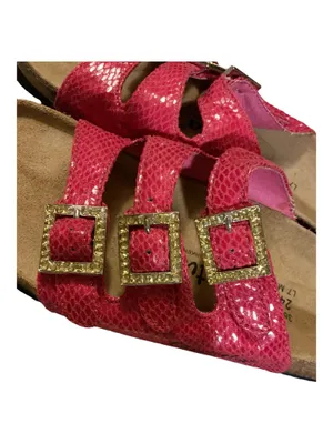 Betula by Birkenstock Hot Pink Snakeskin 3-Strap Rhinestone Sandals Size 7 thumbnail 5