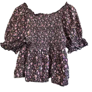 Old Navy Floral Blouse Top Women's Medium‎ Smocked Neck Puff Sleeve Pink thumbnail 7