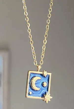 Handmade gold stainless steel blue celestial whimsical chic moon necklace⭐️ thumbnail 5