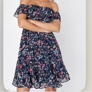 NWT Lulus My Favorite Navy Blue Floral Print Off the‎ Shoulder Dress MEDIUM thumbnail 3