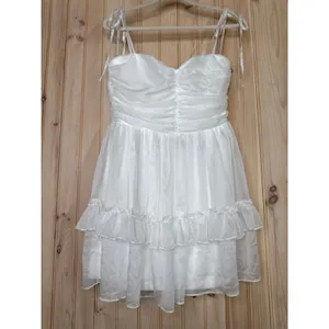 NWT Lulus Angelic Approach White Chiffon Ruffled Tie-Strap Mini Dress Party Sz L thumbnail 2