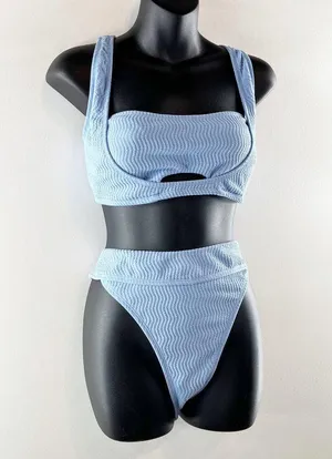 Cupshe Sporty Lace-Up Back Bikini Bralette Mid-Rise Bottoms Set Blue Large thumbnail 8