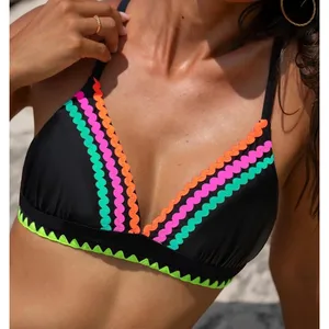 NWT Popvil Black/Neon Scallop Trim High Waisted Tie Side Bikini Set Large thumbnail 3