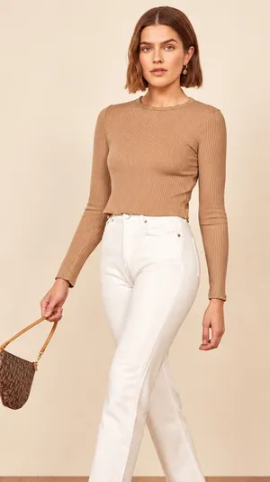 Reformation | Jackie Ribbed Long Sleeve Top in Buff Tan | Est. Sz M thumbnail 1