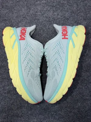 Hoka Clifton 7 running shoes in the Morning Mist and Hot Coral colorway size 10D thumbnail 4