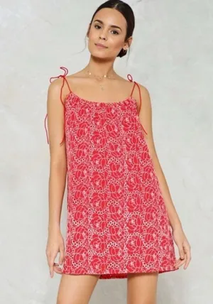 Nasty Gal Red and White Floral Eyelet Dress thumbnail 2