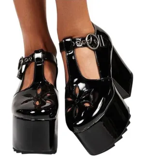 Lamoda Mary Jane Shoes Women 7 Black Patent Overthinking It Platform Cutout Goth thumbnail 1