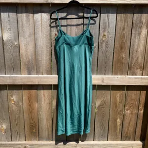 A New Day Green Teal Satin Slip Midi Dress Womens Small NWT Side Slit Adjustable thumbnail 2
