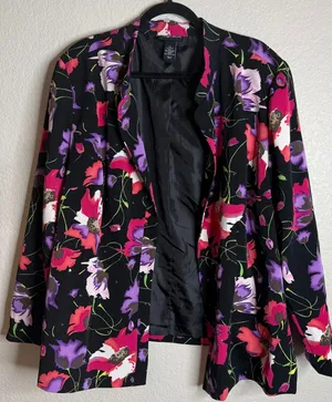 Maggie Barnes Womens‎ 2X Black Floral Blazer Sequin Open Front Career Event Boho thumbnail 1