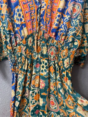Floral silk maxi dress Geo-Print V-Neck in Teal and Orange nwt thumbnail 6