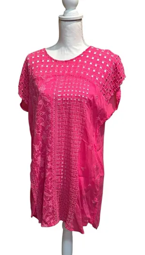 Johnny Was Pink Embroidered Cutwork Tunic Top Size M Boho‎ Floral Eyelet Resort thumbnail 1