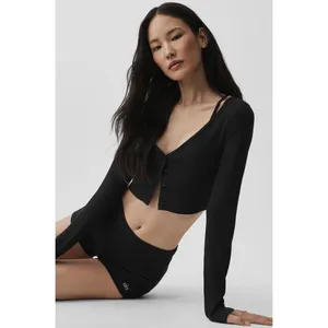 Alo Yoga Ribbed Cropped Whisper Cardigan Black Button Front XS thumbnail 5