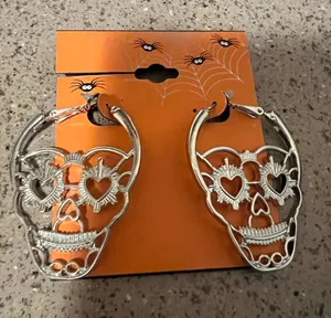 Silver plated Sugar skull earrings festive Halloween NWT thumbnail 1
