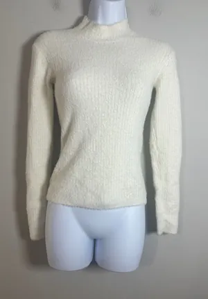 Zara Womens Cream Fuzzy Eyelash Knit Mock Neck Sweater Small Ribbed Ivory Soft thumbnail 1