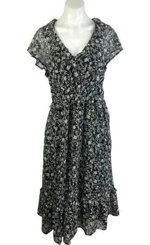 Old Navy Black Floral Ruffle Flutter Sleeve V Neck Tiered A Line Midi Dress Sz M thumbnail 1