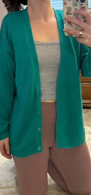 Vintage 90s Nordstrom 100% Cotton Knit Teal Button Up Vneck Cardigan Drop Sleeve thumbnail 1