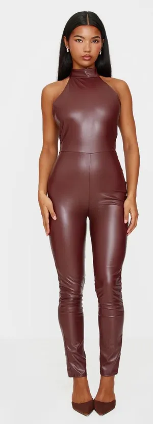 Faux Leather Halterneck Back Tie Straight Leg Jumpsuit…Sz: US 8…Color: Chocolate thumbnail 1