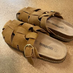 Women's Suede Woven Slide Sandals in Brown thumbnail 1